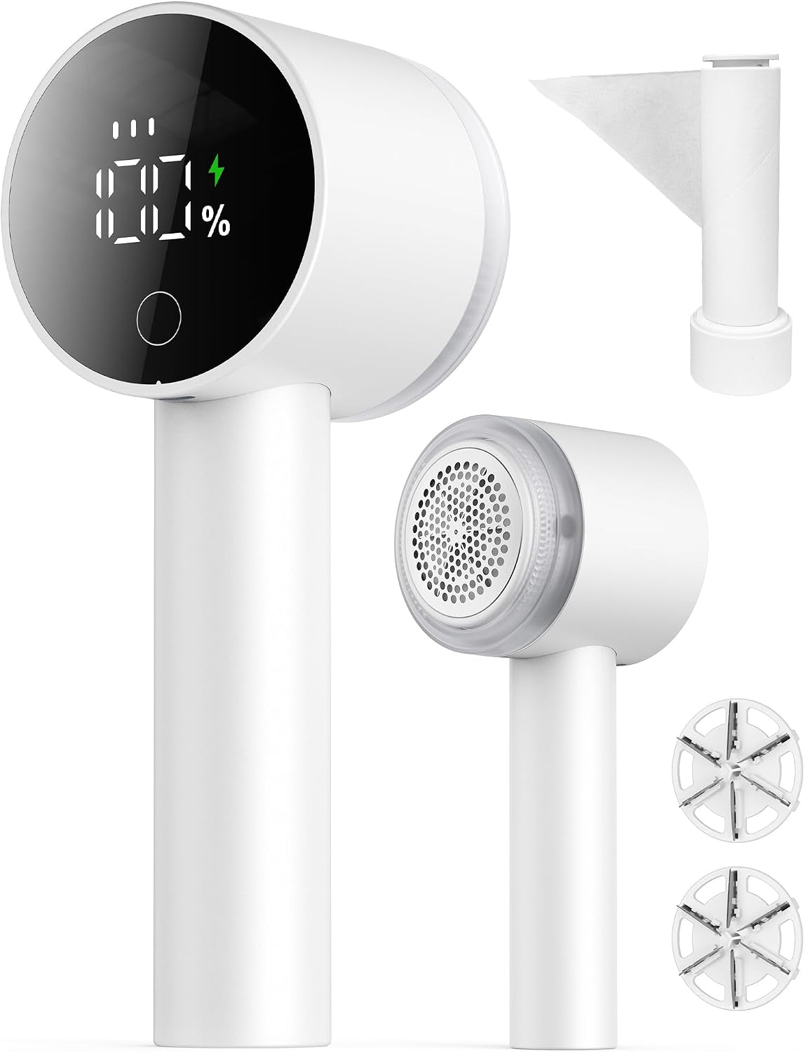 Fabric Shaver, 2 in 1 Rechargeable Sweater Shaver with Lint Roller, Magnetic Cap, Digital Display, 2 Extra Blades, Defuzzer for Clothing Furniture Couch